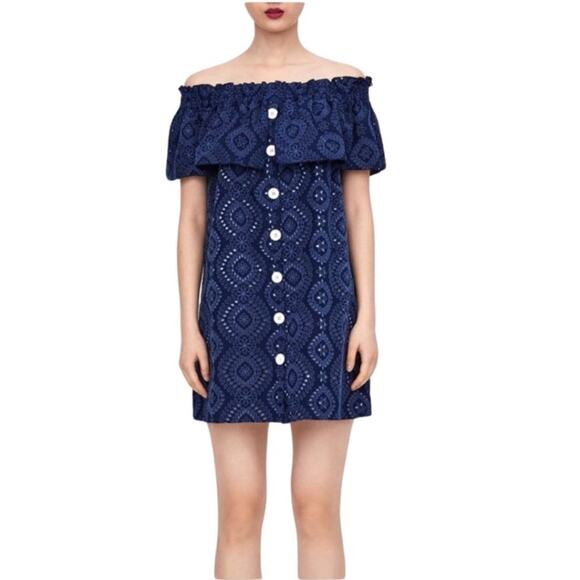 Zara Eyelet Ruffle Off Shoulder Dress Navy XS - Picture 1 of 9